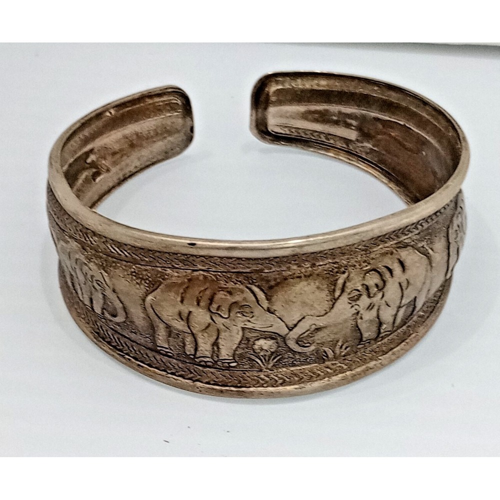 Vintage Style‎ Elephant  Open Cuff Bracelet Silver Tone Wide Etched Safari 1"